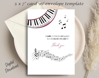 Piano Teacher Thank You Card | Musical Instructor Appreciation | Printable Digital Download | Blank Card | Musical Notes | Piano