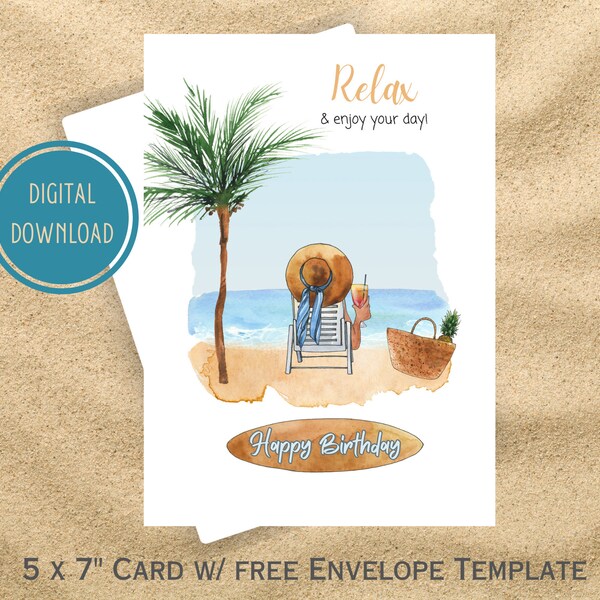 Carte d'anniversaire de plage, carte de voeux de joyeux anniversaire, carte imprimable, téléchargement immédiat, carte vierge, palmier, océan, chaise de plage