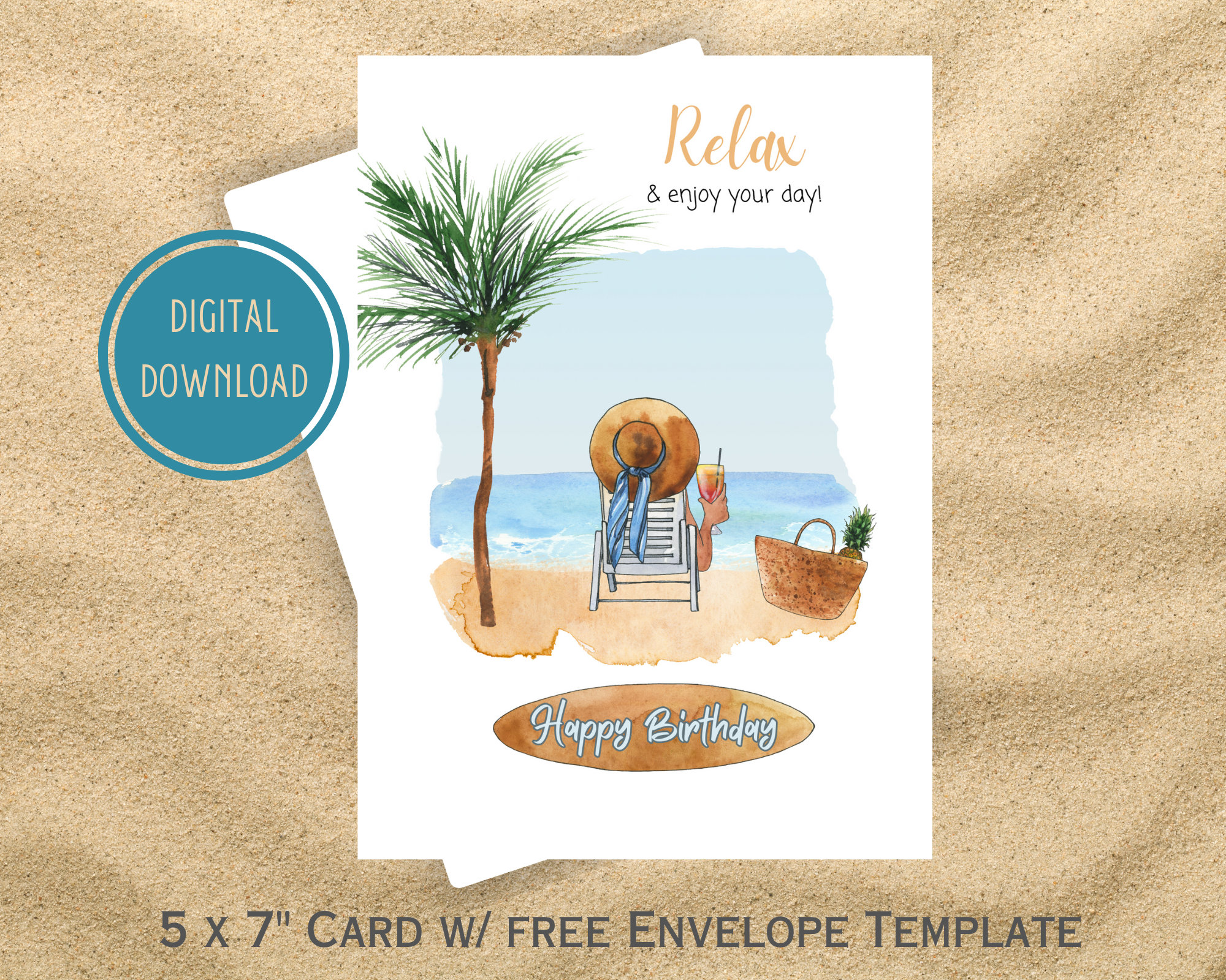 Beach Birthday Card, Happy Birthday Greeting Card, Printable Card ...