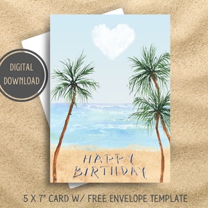 Beach Birthday Card | Birthday at the Beach | Watercolor Art | Printable Card | Instant Download | Blank Card | Sand Writing | Palm Trees