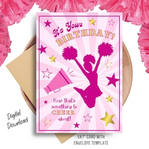 Verjaardagskaart cheerleader | Afdrukbare verjaardagsgroet | Verjaardagsgejuich | Direct downloaden | Verjaardagsthema cheerleader | Sterren | Pompons