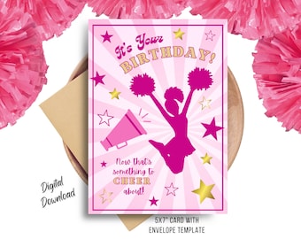 Cheerleader Birthday Card | Printable Birthday Greeting | Birthday Cheer | Instant Download | Cheerleader Birthday Theme | Stars | Pom Poms