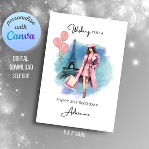 21st Birthday Card | Paris Fashion | Editable Canva Template | Personalized Card | Printable Digital Download | Paris Girl | Watercolor Art