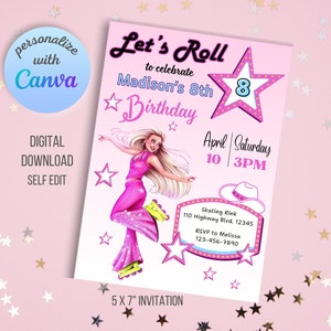 Printable Skating Birthday Party Invitation | Editable Canva Template | Western Glam Girl | Instant Download | Skating Fashion Doll | Stars