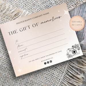 Photography Gift Certificate | Editable Photo Session Gift Card Template | Photographer Gift Voucher | Digital Download | Minimalist Design