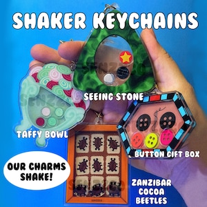 Twitchy Witchy Shaker Keychain | Shaker Keychain | Taffy Bowl | Button Box | Green Seeing Stone | Zanzibar Cocoa Beetles | Inspired Merch