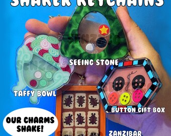 Twitchy Witchy Shaker Keychain | Shaker Keychain | Taffy Bowl | Button Box | Green Seeing Stone | Zanzibar Cocoa Beetles | Inspired Merch