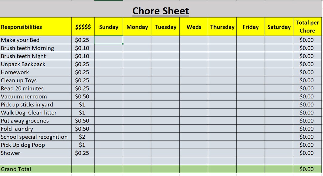 Chore Chart Excel Download for Kids Etsy