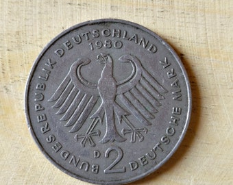 Alemania – República Federal ~ 2 Deutsche Mark Ludwig Erhard, 1980 ~ MONEDA RARA