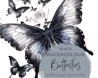 Black Watercolor Butterflies, Butterfly Clipart, Watercolor Butterfly, Watercolor Clipart, Halloween Clipart, Black and White, Wall Decor