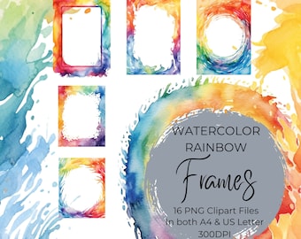 May include: Watercolour rainbow frames clipart set. 16 PNG files in both A4 and US Letter sizes, 300 DPI.