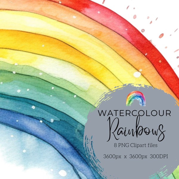 Watercolor Rainbow Clipart, Rainbows, PNG, Transparent Background, Bright Colours, Watercolour Clipart, Print on Fabric, Scrapbooking