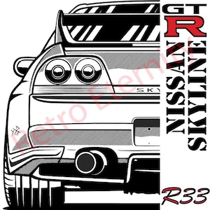Könnte beinhalten: Schwarz-weiß-Illustration eines Nissan Skyline GT-R R33. Das Auto wird von hinten betrachtet und verfügt über einen großen Heckspoiler, zwei Auspuffrohre und den Schriftzug "GT-R" und "NISSAN SKYLINE" an der Seite.