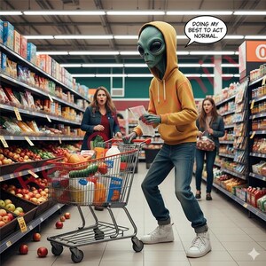 Könnte beinhalten: Ein Außerirdischer in einem gelben Kapuzenpullover und Jeans schiebt einen Einkaufswagen durch einen Supermarkt. Der Außerirdische hält eine Liste und hat eine Sprechblase mit der Aufschrift: „DOING MY BEST TO ACT NORMAL“. Der Wagen ist mit Lebensmitteln gefüllt, und andere Kunden schauen überrascht zu.