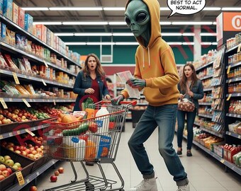 Funny Alien Grocery Run Print – Quirky Sci-Fi Home Decor (Digital Download)