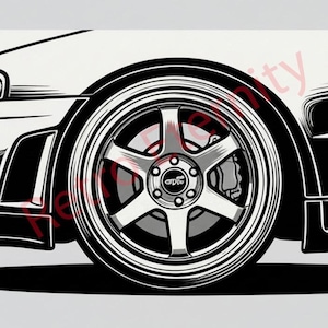 Könnte beinhalten: Schwarz-Weiß-Illustration eines Autorads. Das Rad hat ein silbernes Mehrspeichen-Design und einen schwarzen Reifen. Das Bild ist eine Seitenansicht, die das Rad und einen Teil der Karosserie zeigt.