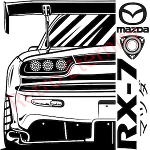 Impresión artística JDM de la vista trasera del Mazda RX-7: dibujo lineal en blanco y negro