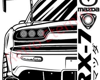 Mazda RX-7 Rear View JDM Art Print – Black & White Line Drawing