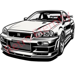 Puede incluir: Ilustración en blanco y negro de un coche deportivo. El coche tiene un perfil bajo, un alerón y faros detallados. La imagen es un dibujo estilizado, que destaca el diseño elegante y las características deportivas del coche.