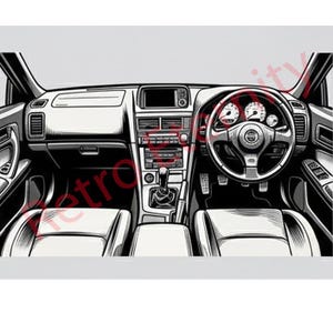 Könnte beinhalten: Schwarz-Weiß-Illustration eines Auto-Innenraums. Armaturenbrett, Lenkrad, Sitze und Mittelkonsole sind sichtbar. Das Lenkrad hat einen roten Akzent. Das Bild ist eine stilisierte, grafische Darstellung eines Fahrzeuginnenraums.