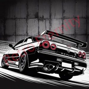JDM Skyline R34 Art Print | Retro Garage Decor | Nissan GT-R Wall Poster Perfect Gift for Car Guys