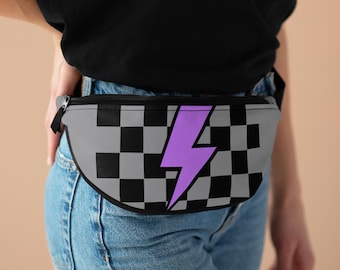 Purple Lightning Bolt Checkerboard Fanny Pack | Retro Race Waist Bag