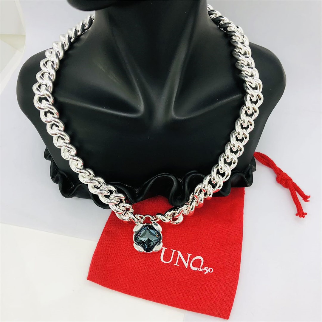 Uno De 50 Sublime Necklace Silver Necklace With Curb Chain and Blue ...