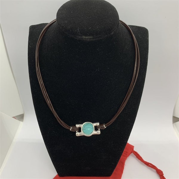 Collier UNO de 50 Collier chéri en cuir marron, perles de verre de Murano cyan, fermoir mousqueton en argent, collier Bijoux | Cadeau de mariage