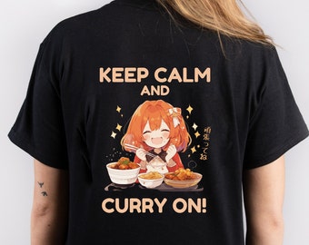 Cute Anime Girl T-Shirt: Keep Calm and Curry On, Asian Food Pun