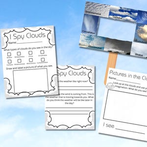 May include: Two printable worksheets for kids to learn about clouds. The first worksheet has a checklist of different types of clouds and a space to draw and label a cloud. The second worksheet has a space to draw a picture of what they see in the clouds and a space to write about the weather.