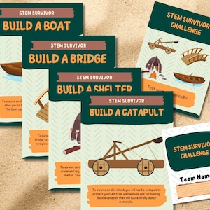 Puede incluir: Cinco tarjetas coloridas con el texto "STEM SURVIVOR CHALLENGE" e instrucciones para construir un barco, un puente, un refugio y una catapulta. Las tarjetas tienen un fondo verde con acentos marrones y naranjas.