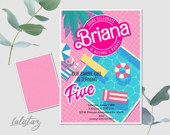 Pink Dollhouse Pool Party birthday invitation, kids' birthday invitation, birthday invite, digital birthday invitation