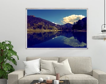 Mountain Lake Landscape Print – Calm Nature Reflection Wall Art – Forest Photography – Digital Download