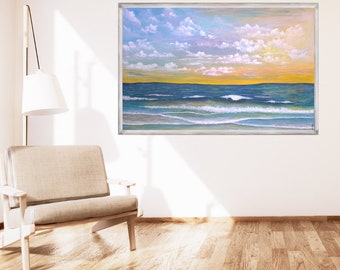 Beach Landscape Digital Print – Ocean Wave Painting – Sunset Coastal Wall Art – Instant Download