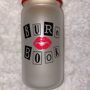 Burn Book 16oz frosted Glass Tumbler Red Rhinestone Bamboo Lid Mean girls glass burn book tumbler gifts for her