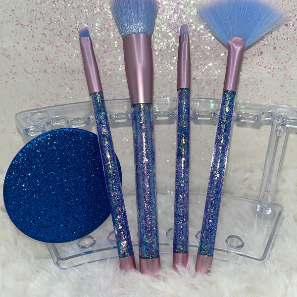 BLUE Glitter Handle Makeup Brushes mini set- Glitter makeup brushes blue glitter pocket mirror makeup gifts glitter brushes mini gift set