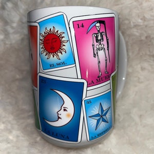 Taza de 15 oz con diseño de cartas de lotería, taza de bingo latino, taza de regalo con diseño clásico de juego de cartas de lotería, taza de regalo con diseño clásico de juego de lotería