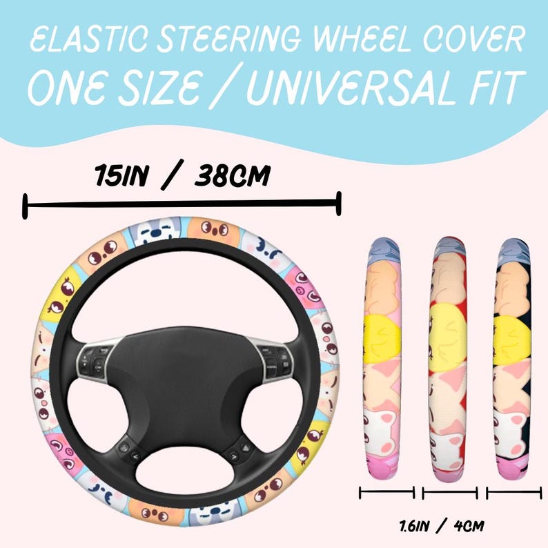 K&ouml;nnte beinhalten: Ein elastischer Lenkradbezug in Universalgr&ouml;&szlig;e mit einem Durchmesser von 38 cm und einer Breite von 4 cm. Der Bezug zeigt ein buntes Rastermuster aus Cartoon-Gesichtern. Der Text auf dem Bild lautet: ELASTIC STEERING WHEEL COVER ONE SIZE / UNIVERSAL FIT.