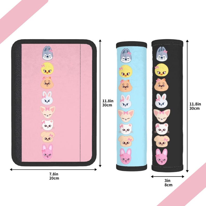 May include: A set of three items: a pink rectangular pad (7.8in x 11.8in), and two cylindrical items (3in x 11.8in). Each item features a repeating pattern of cartoon animal faces in various colors, including blue, yellow, white, and pink.
