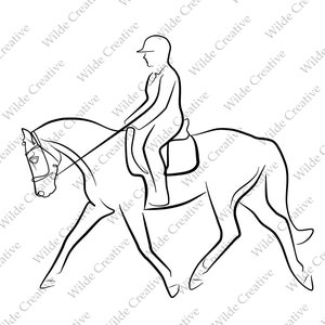 Dessin au trait fin cheval de dressage - fichiers numériques PNG, JPG, SVG, art mural, clipart, sticker, autocollant, panneau, silhouette noire, coloriage