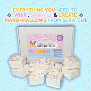 May include: A white cardboard box labeled Little Shop of Marshmallows Rainbow Sprinkle Marshmallow Kit, featuring text that reads Everything You Need To Whip, Sprinkle & Create Marshmallows From Scratch, surrounded by several square white marshmallows.