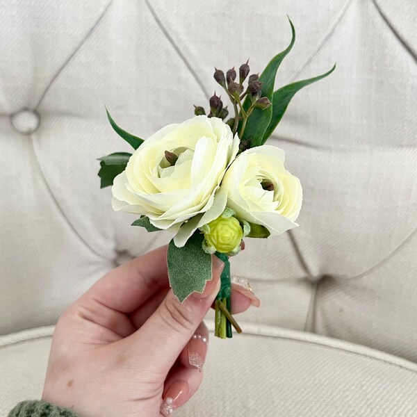 Lush Ranunculus & Greenery Boutonniere | Ivory, Pink, Yellow or Green Groom / Groomsmen Boutonniere | Faux Flowers Wedding Boutonniere