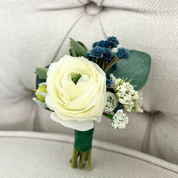 Ivory Ranunculus & Blue Baby's breath Boutonniere | Ivory Groom / Groomsmen Boutonniere | Lush Greenery | Faux Flowers Wedding Boutonniere