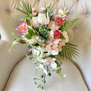 Cascading Tropical Ivory Pink Bridal Bouquet w/ Orchid, Ginger, etc.  | Lush Tropical Greenery  | Faux Flowers Wedding Bouquet