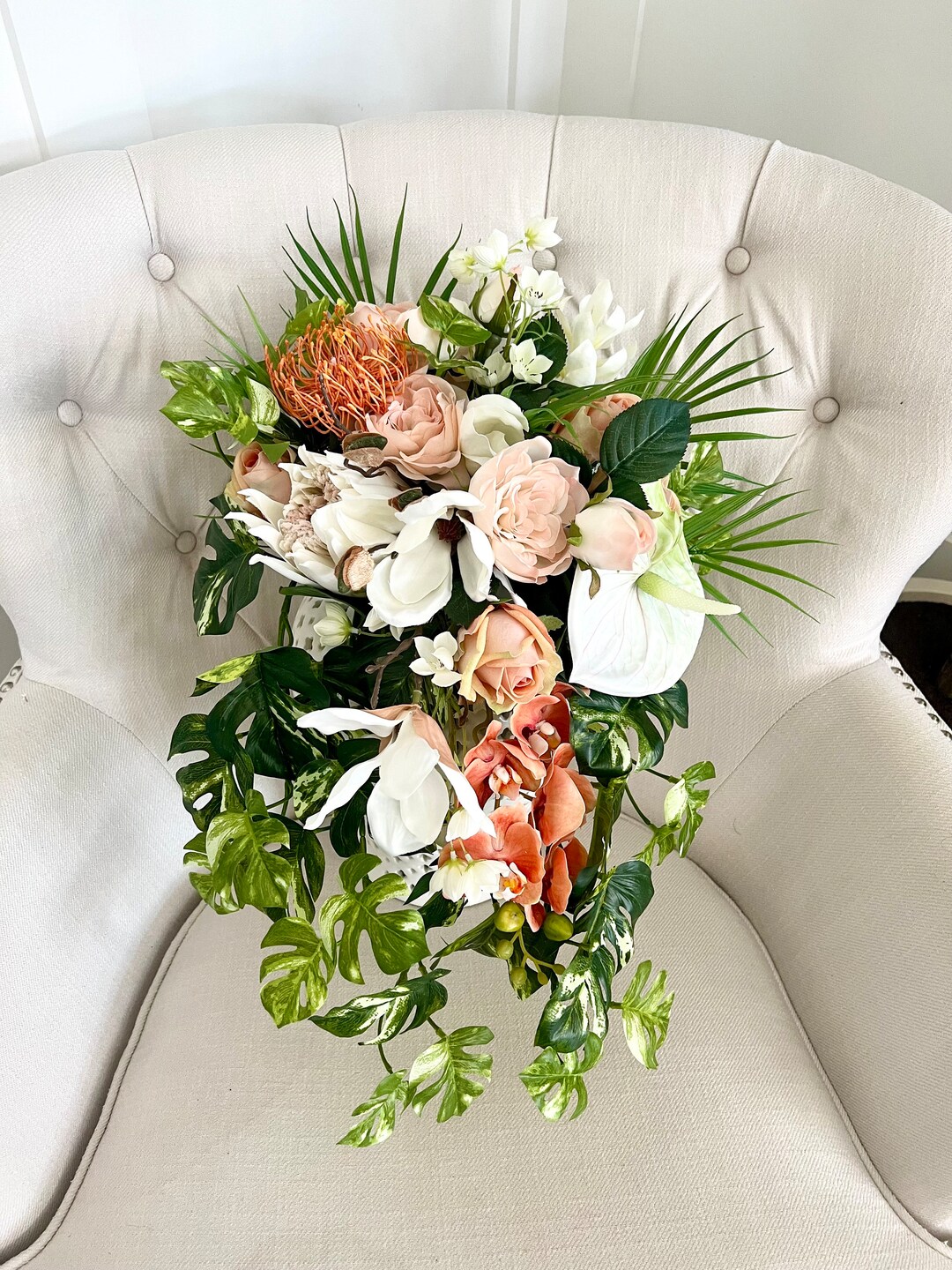 Cascading Paradise Statement Bouquet | Peach, Orange, Ivory, Green ...
