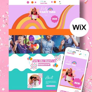 Puede incluir: Diseño web con temática de fiesta, con un arcoíris colorido y el texto "Party Time". El diseño incluye imágenes de niños celebrando y una maqueta de teléfono móvil. El logotipo de Wix también es visible.