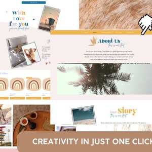 May include: A website design template with a beach theme. The template features a light pink background with a yellow header and a white footer. The header includes the text "About Us" and a leaf logo. The footer includes the text "Our Story" and a palm tree logo. The website also features images of a beach, a palm tree, and a rainbow.