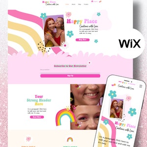 Puede incluir: Diseño de sitio web en colores rosa y pastel, con el texto "Happy Place Creations with Love". El diseño incluye un arcoíris, flores y una maqueta de teléfono móvil. El sitio web promociona un botón "Shop Now" y una suscripción al boletín.