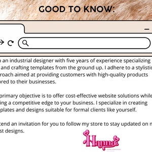 May include: A text-based website design service advertisement with the text "GOOD TO KNOW:" and a description of the services offered. The text includes "I am an industrial designer with five years of experience specializing in Wix and crafting templates from the ground up. I adhere to a stylistic approach aimed at providing customers with high-quality products tailored to their businesses."