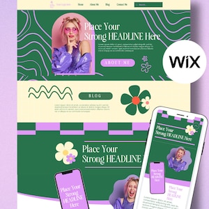 May include: A website mockup with a green and purple colour scheme. The website features a large image of a woman with pink hair and sunglasses, and the text "Place Your Strong HEADLINE Here". The website also includes a blog section, an about me section, and a contact me section. The website is powered by Wix.